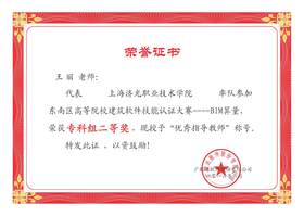 王丽老师荣获东南区高等院校建筑软件技能认证大赛——BIM算量专科组二等奖，授予“优秀指导教师”称号